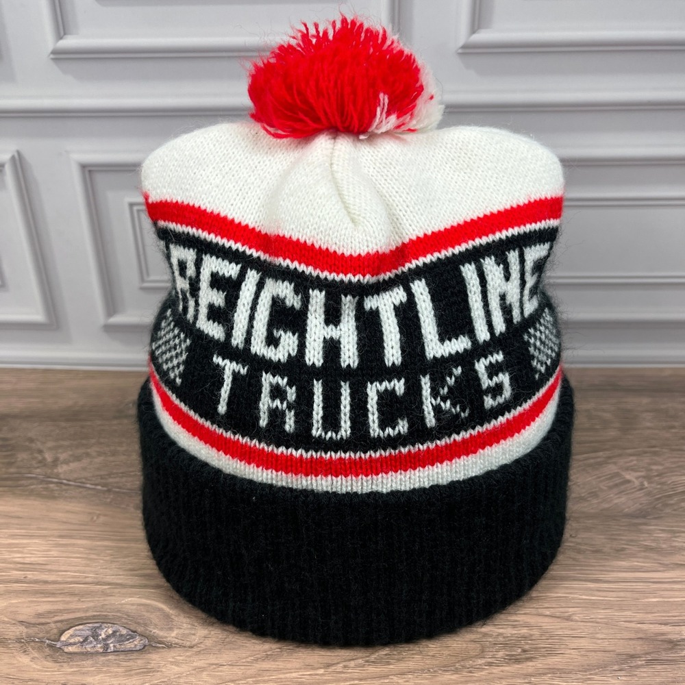 Freightliner Trucks Beanie Hat Unisex One Size Black White Red Pom Pom Knit